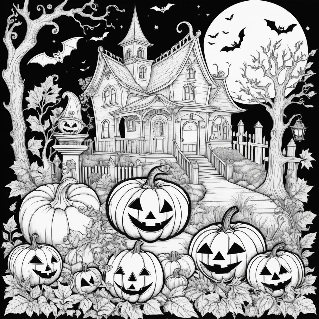 Halloween coloring pages featuring a house and pumpkins