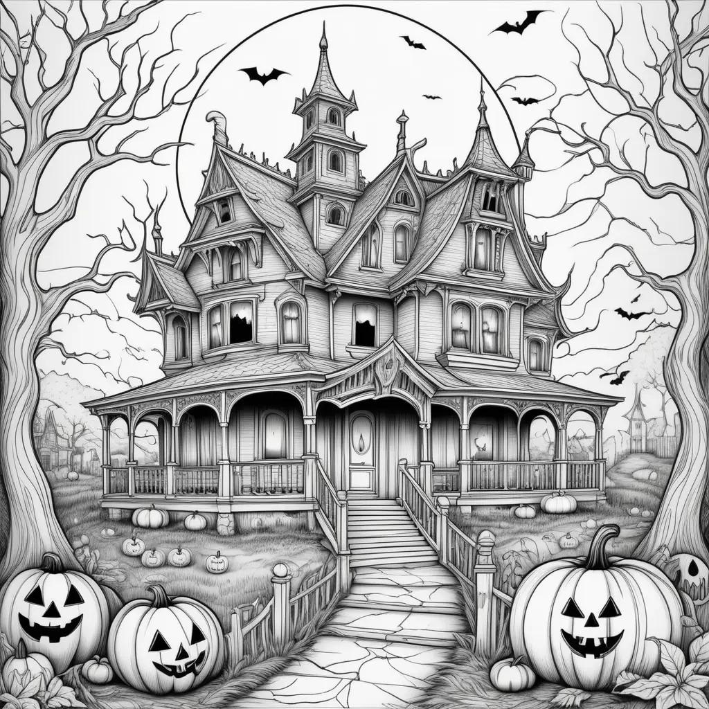 Halloween coloring pages featuring a scary house with pumpkins