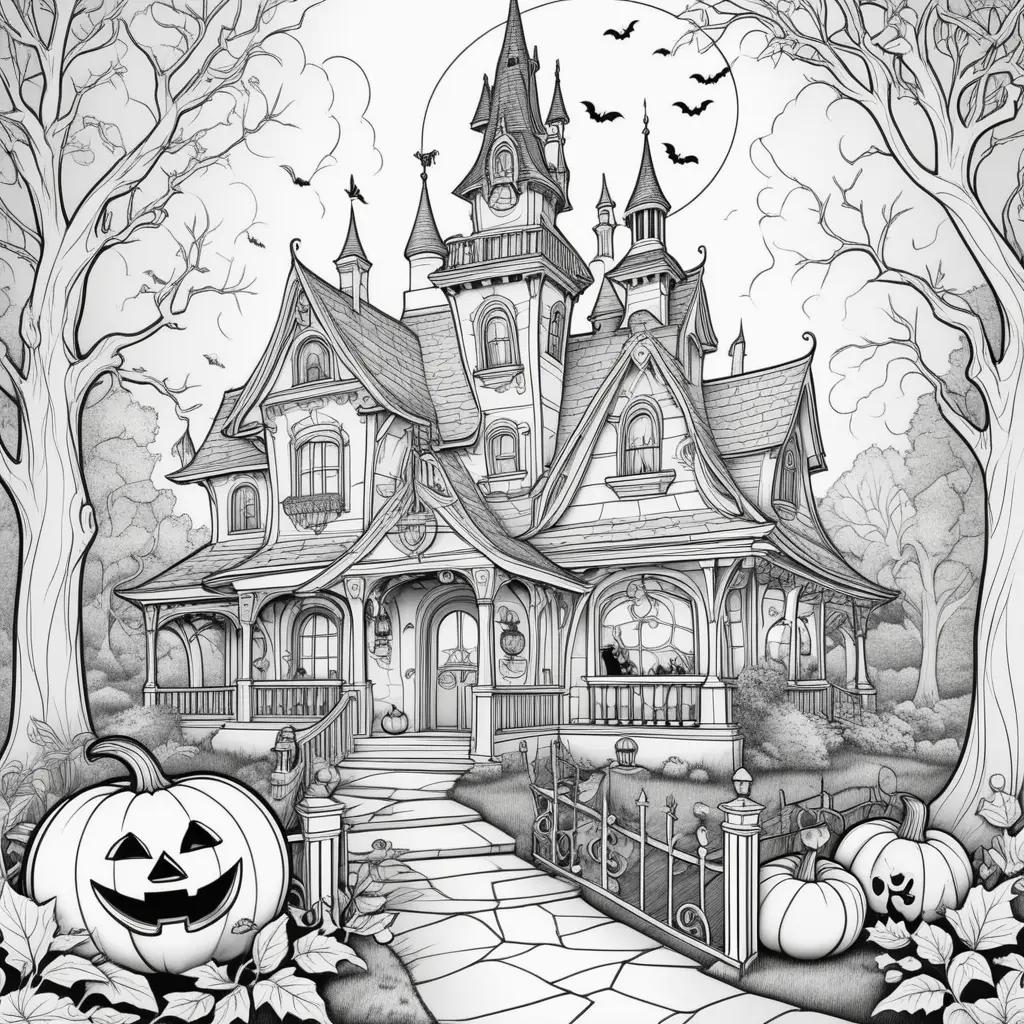 Halloween coloring pages featuring a spooky castle and pumpkin