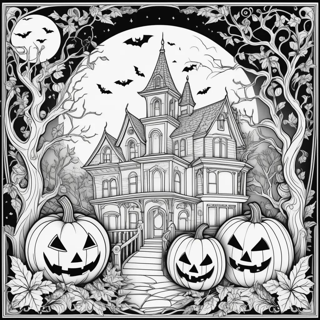 Halloween coloring pages featuring a spooky house and pumpkins