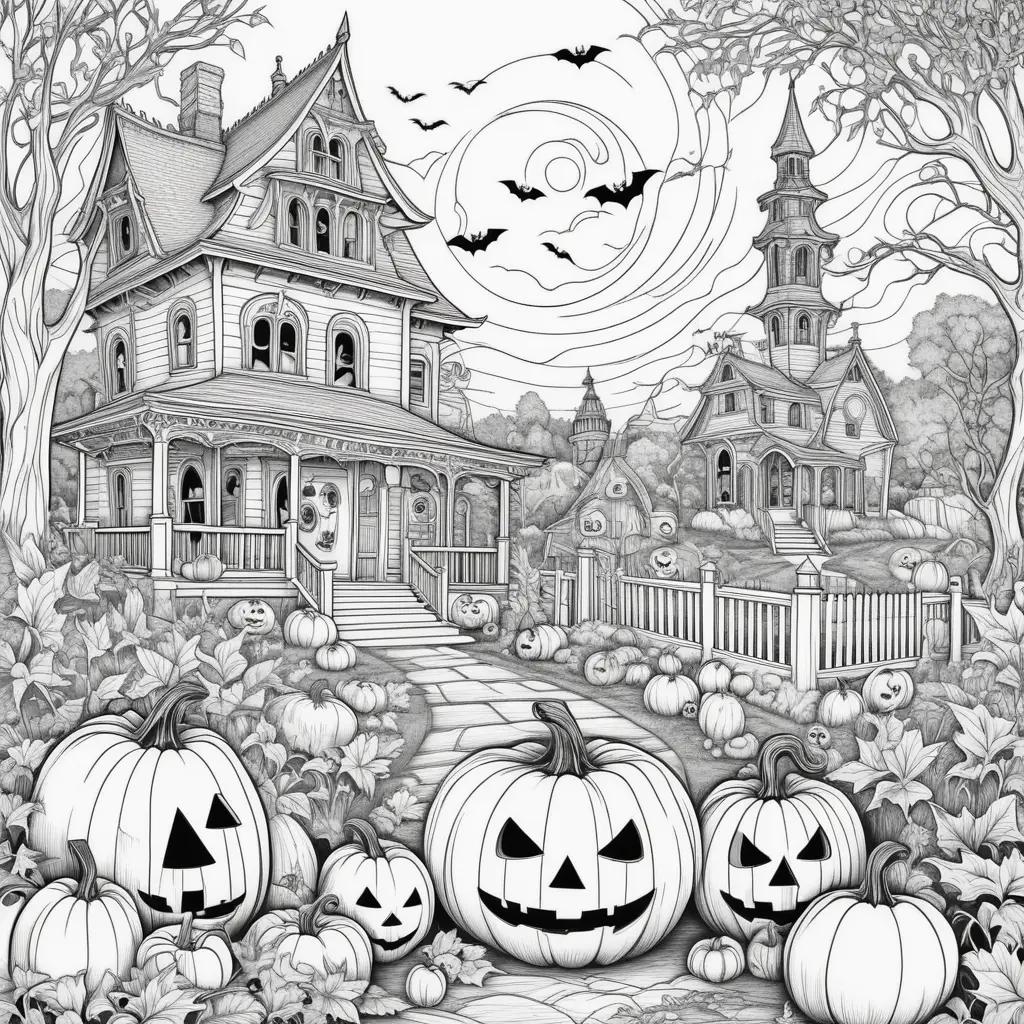 Halloween coloring pages featuring a spooky house and pumpkins