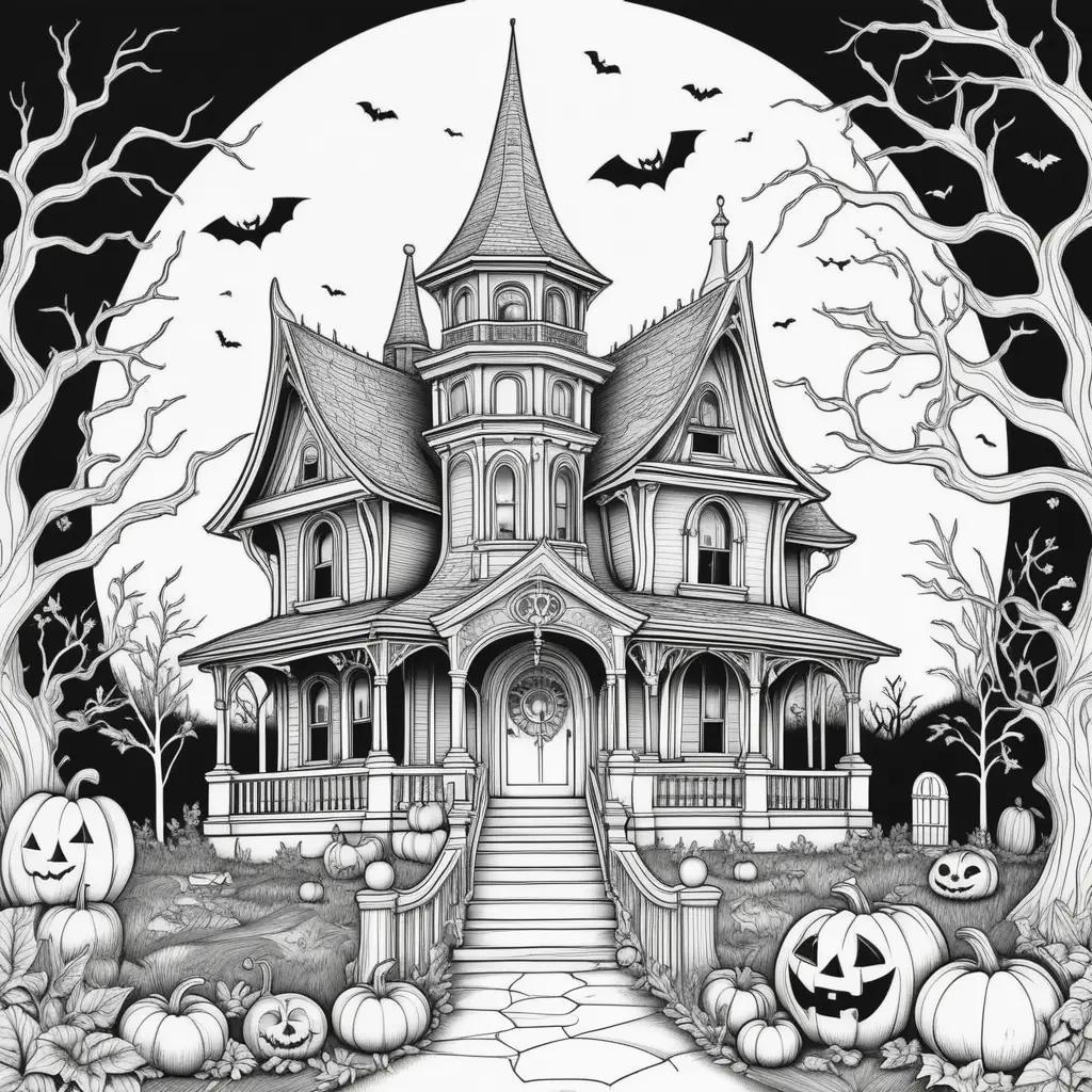 Halloween coloring pages featuring a spooky house and pumpkins