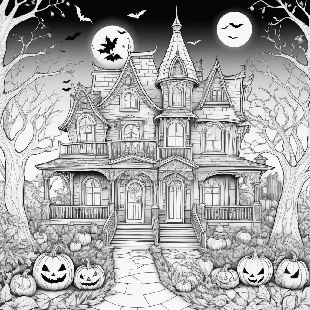 Halloween coloring pages for adults: spooky house, bats, pumpkins