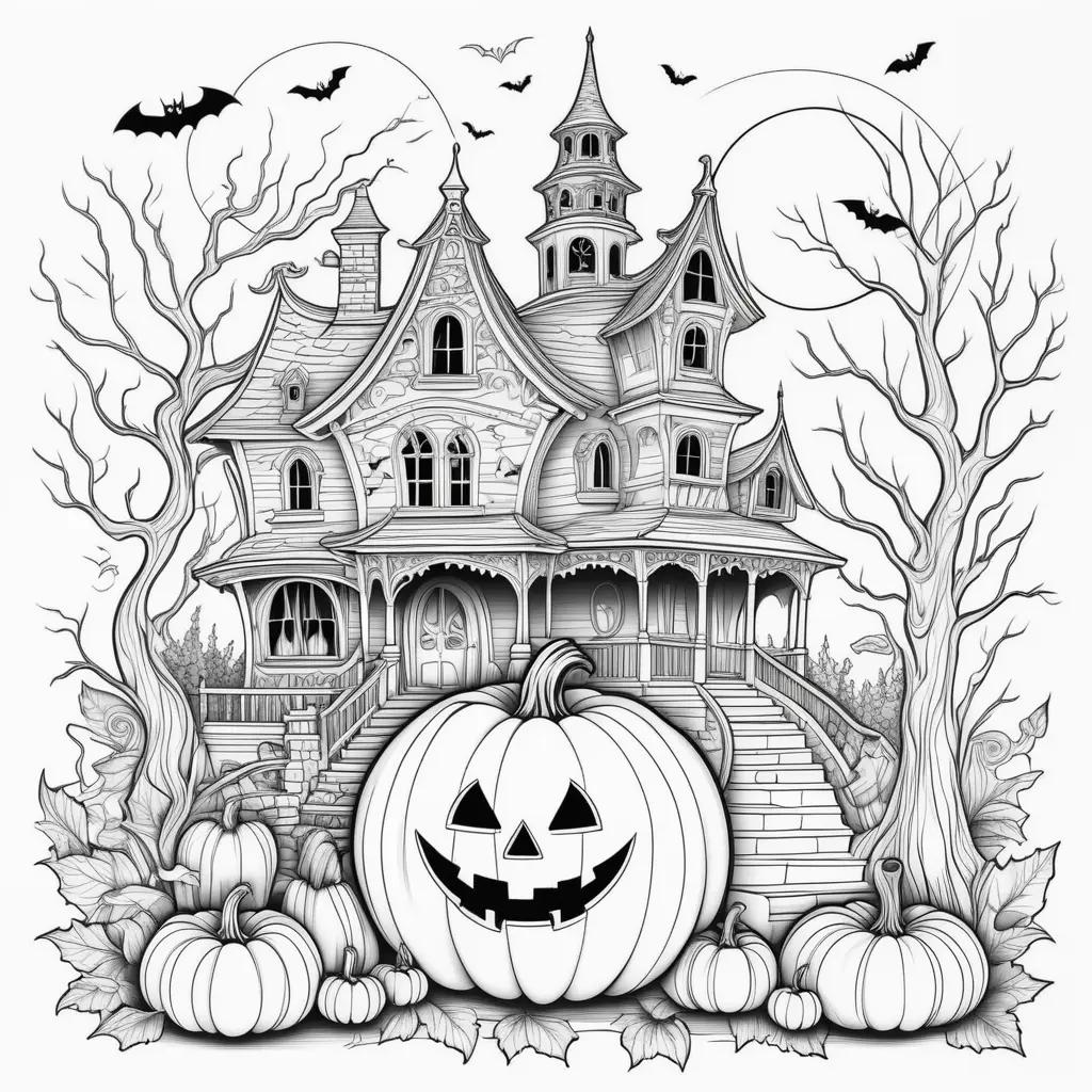 Halloween coloring pages for adults: spooky house and pumpkin