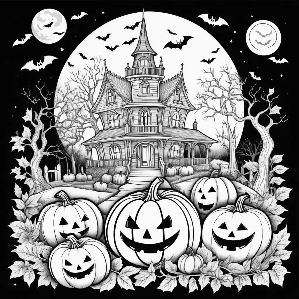 Halloween coloring pages for adults featuring a castle, pumpkins, and bats