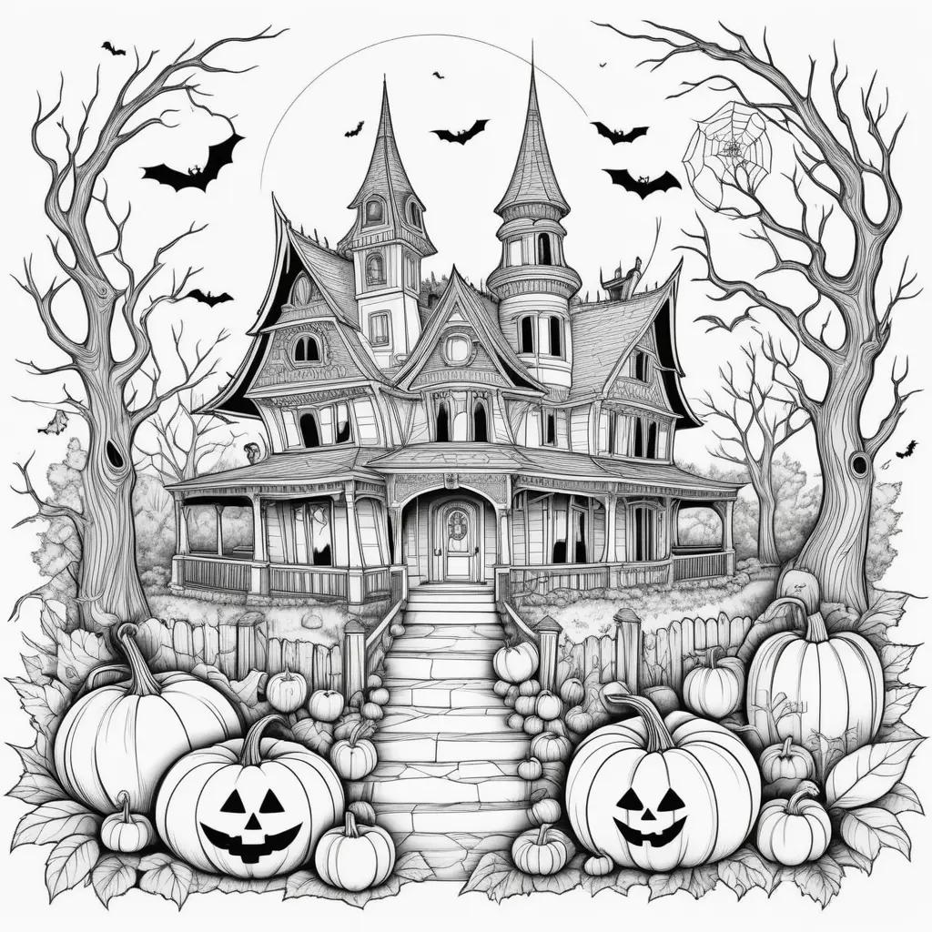 Halloween coloring pages for adults featuring a spooky house and pumpkins