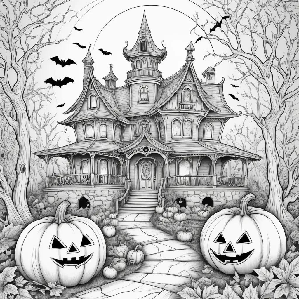 Halloween coloring pages for adults with a haunted house and pumpkins