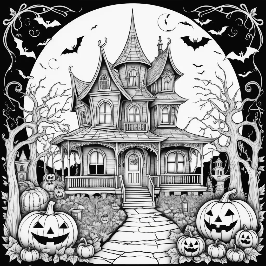 Halloween coloring pages for adults with spooky house