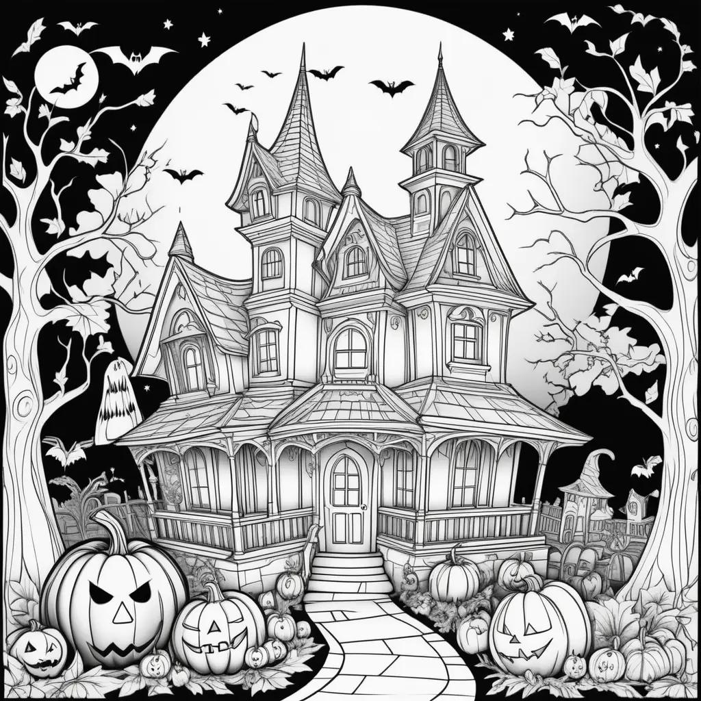 Halloween coloring pages free - black and white spooky house