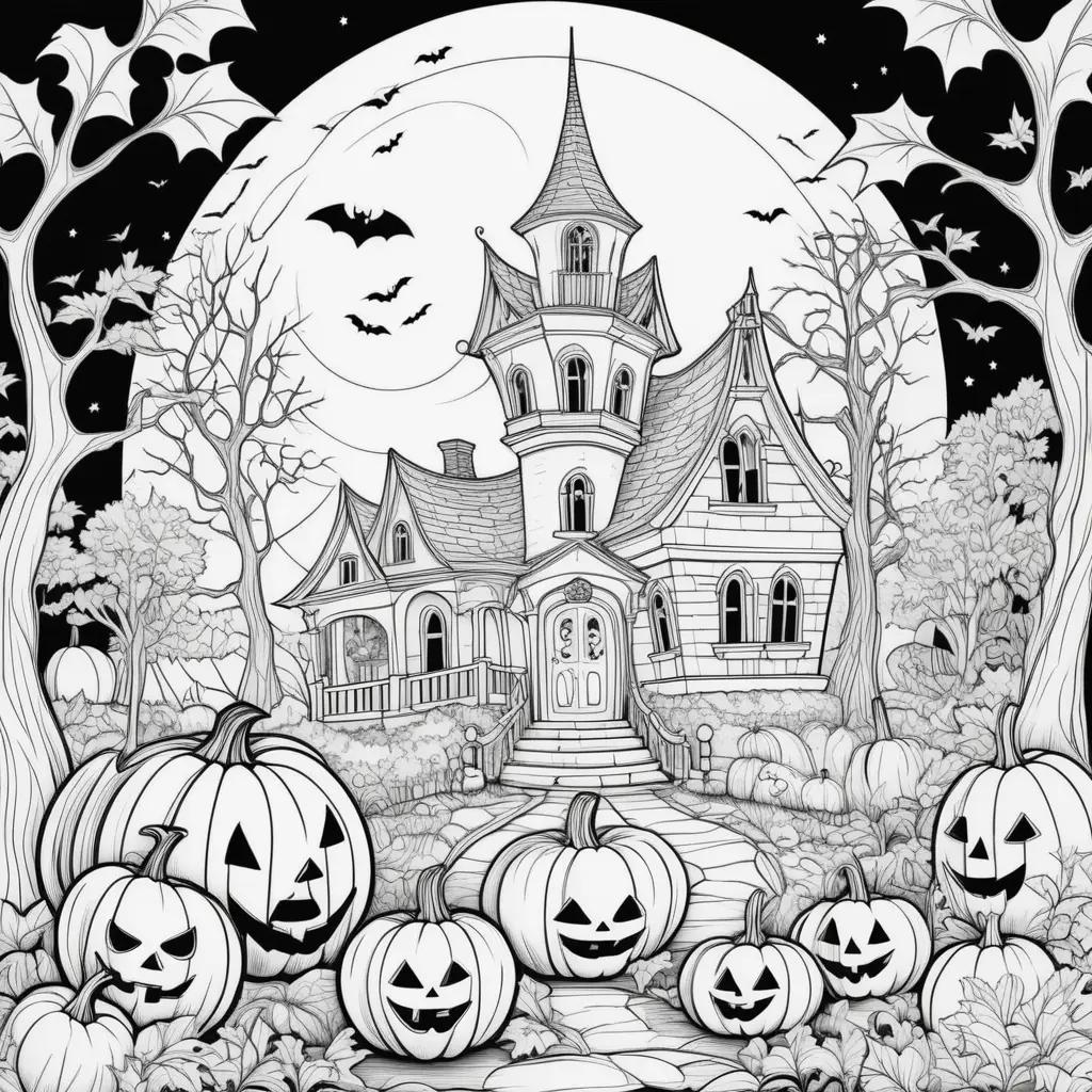 Halloween coloring pages free: spooky house, pumpkins, bats and moon