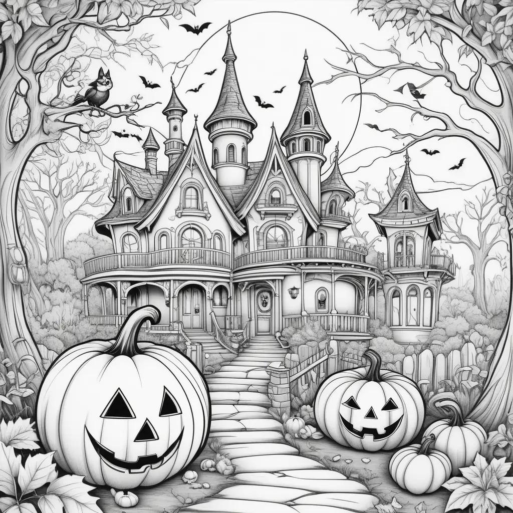 Halloween coloring pages of a castle and pumpkins