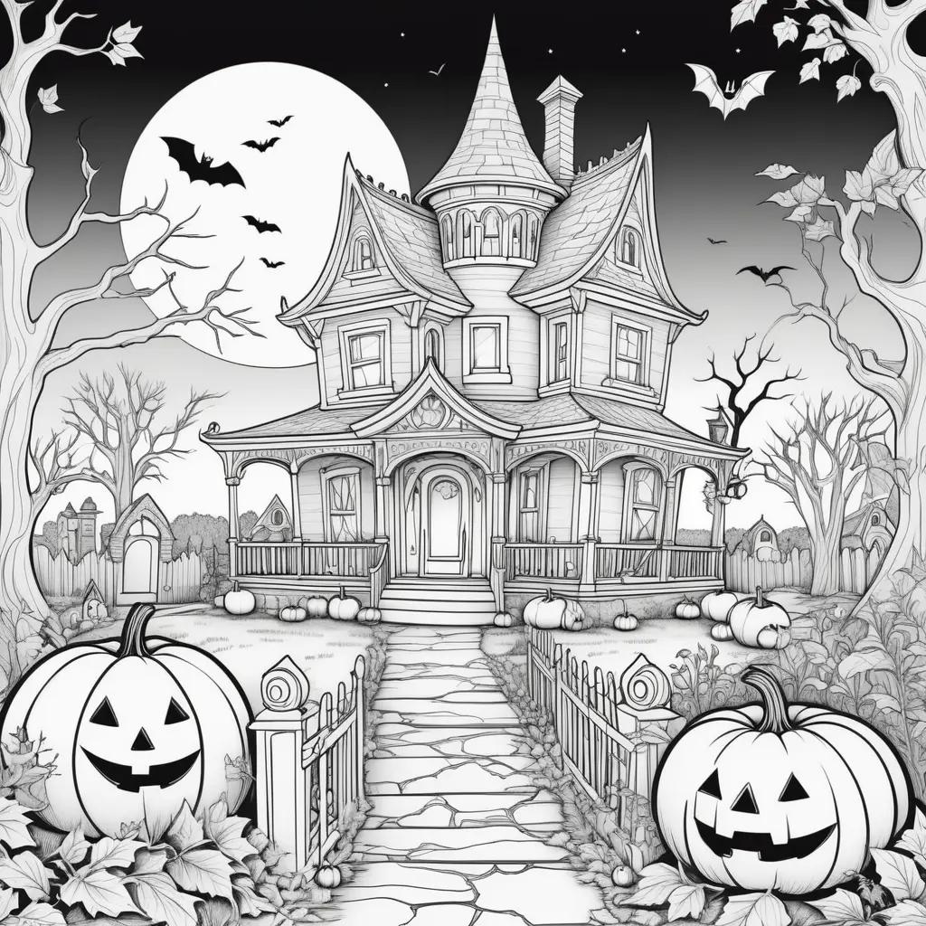 Halloween coloring pages of a creepy house and pumpkins