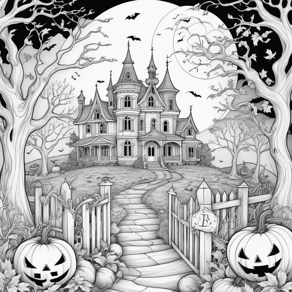 Halloween coloring pages print: spooky house with pumpkins