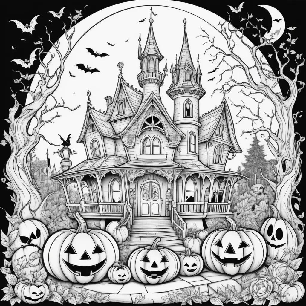 Halloween coloring pages with Disney castle and pumpkins