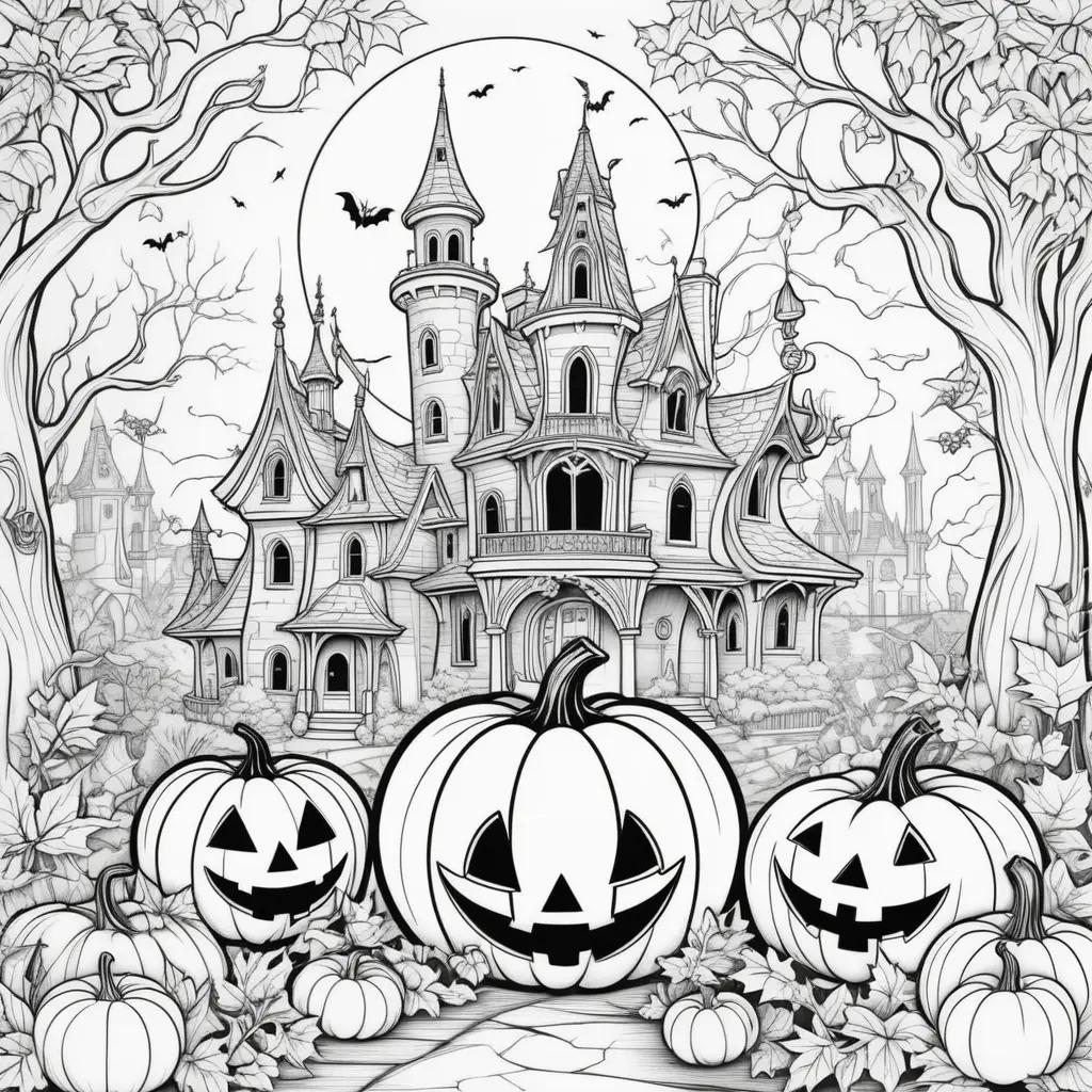 Halloween coloring pages with Disney-style pumpkins and castle