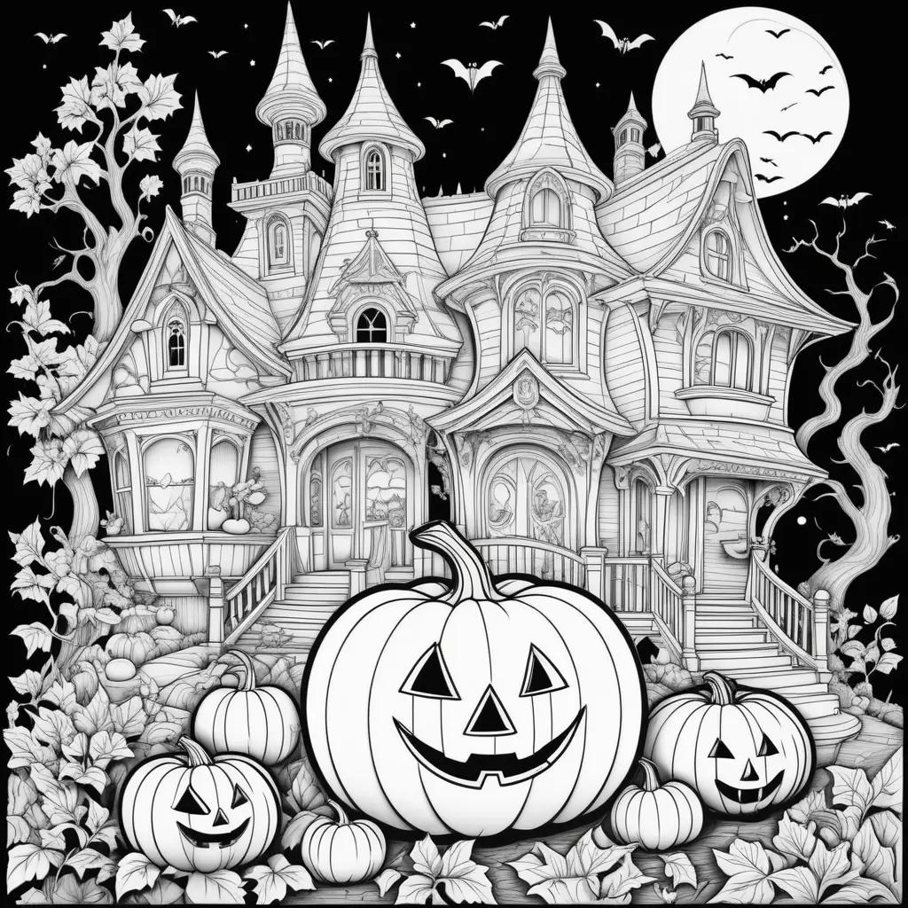 Halloween coloring pages with a castle and pumpkins