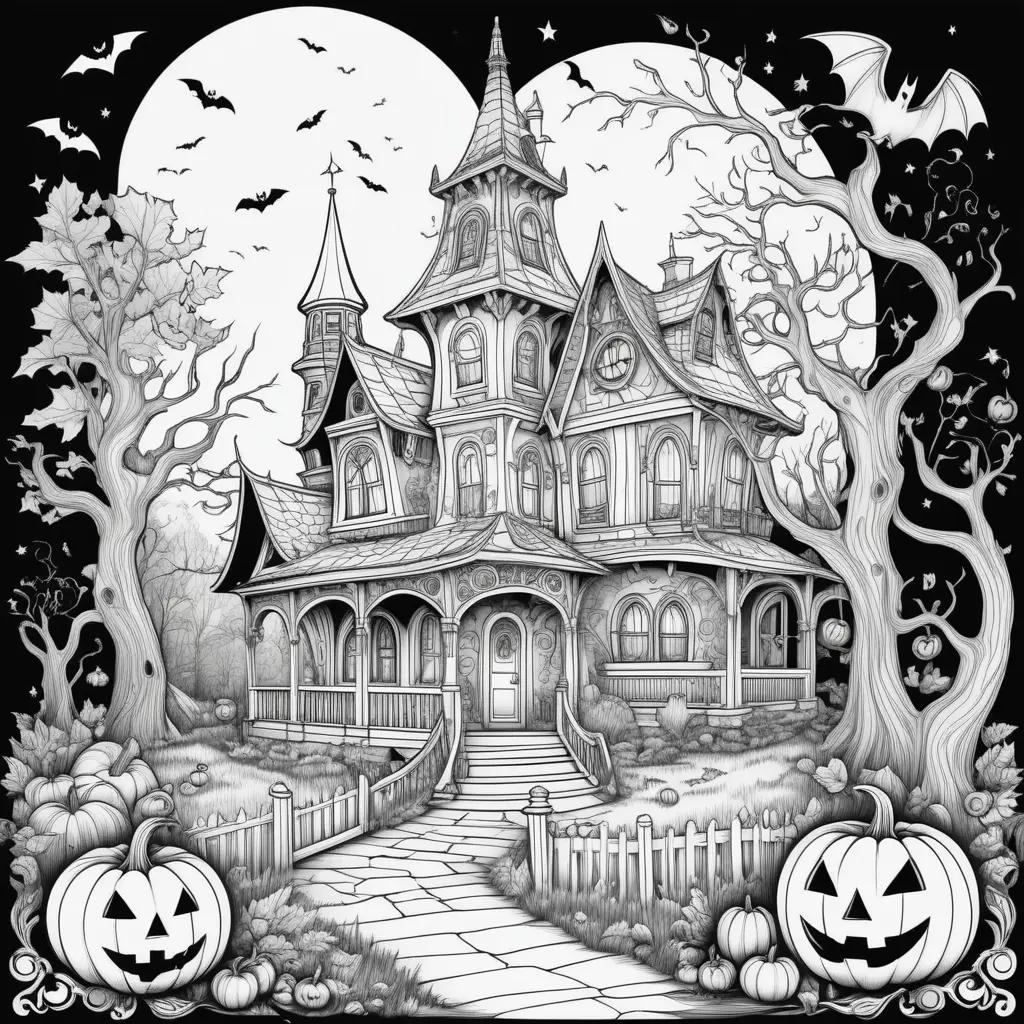 Halloween coloring pages with a castle and pumpkins