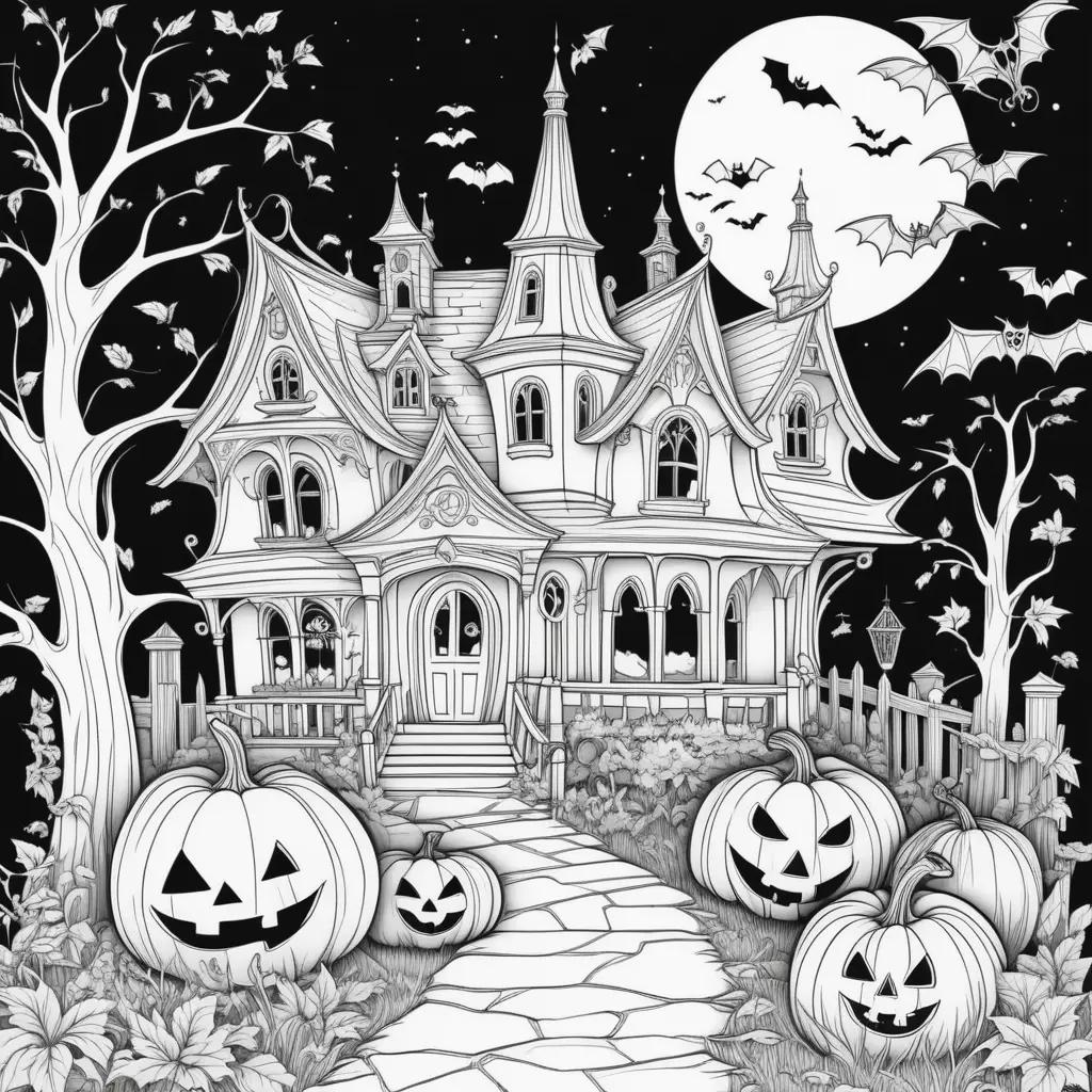 Halloween coloring pages with a haunted house and pumpkins