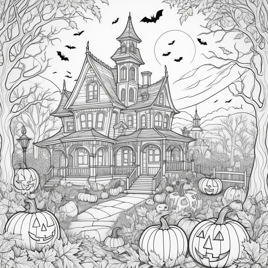 Halloween coloring pages with a house, pumpkins, and bats