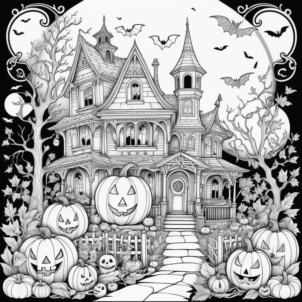 Halloween coloring pages with a house, pumpkins, bats, and a moon