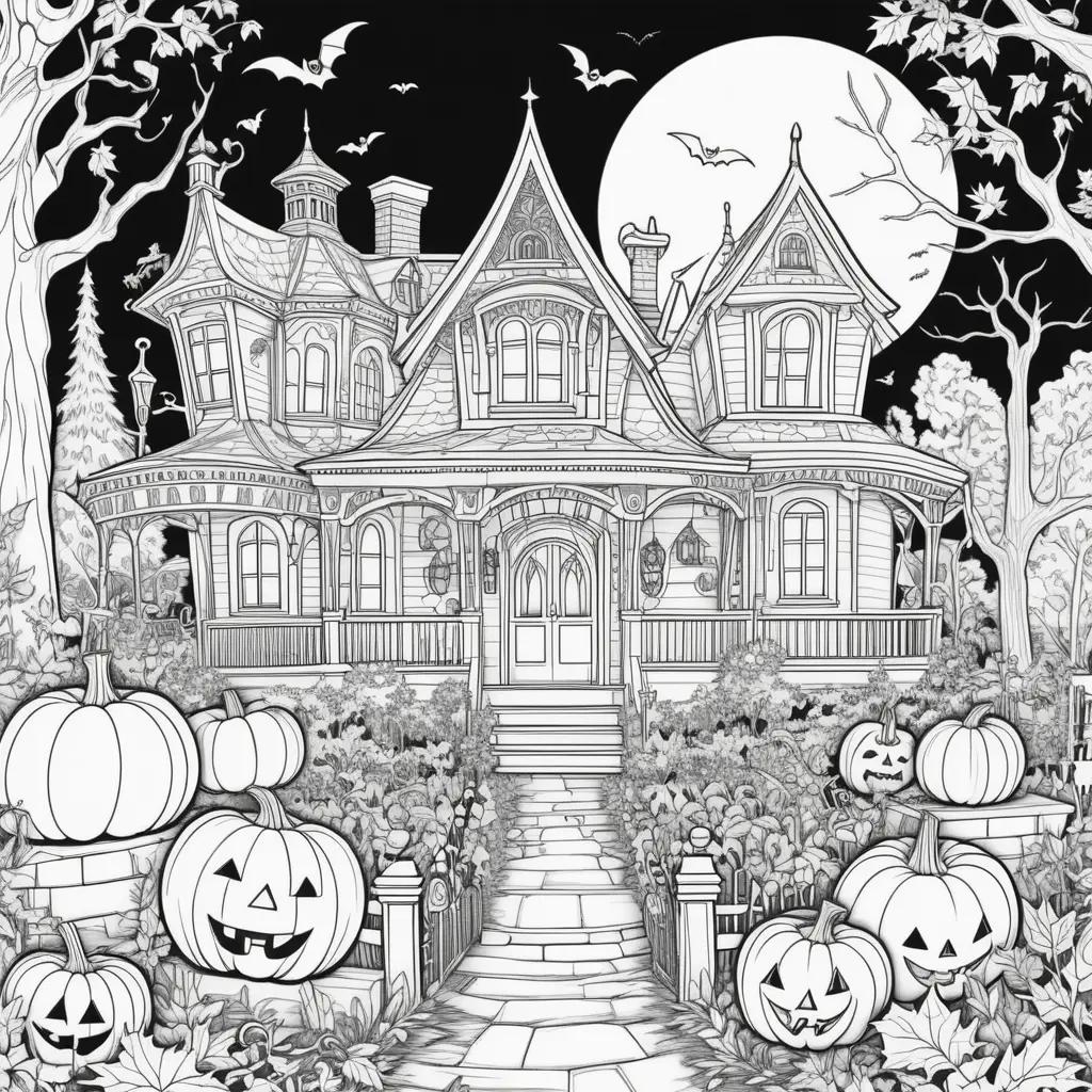 Halloween coloring pages with a house and pumpkins