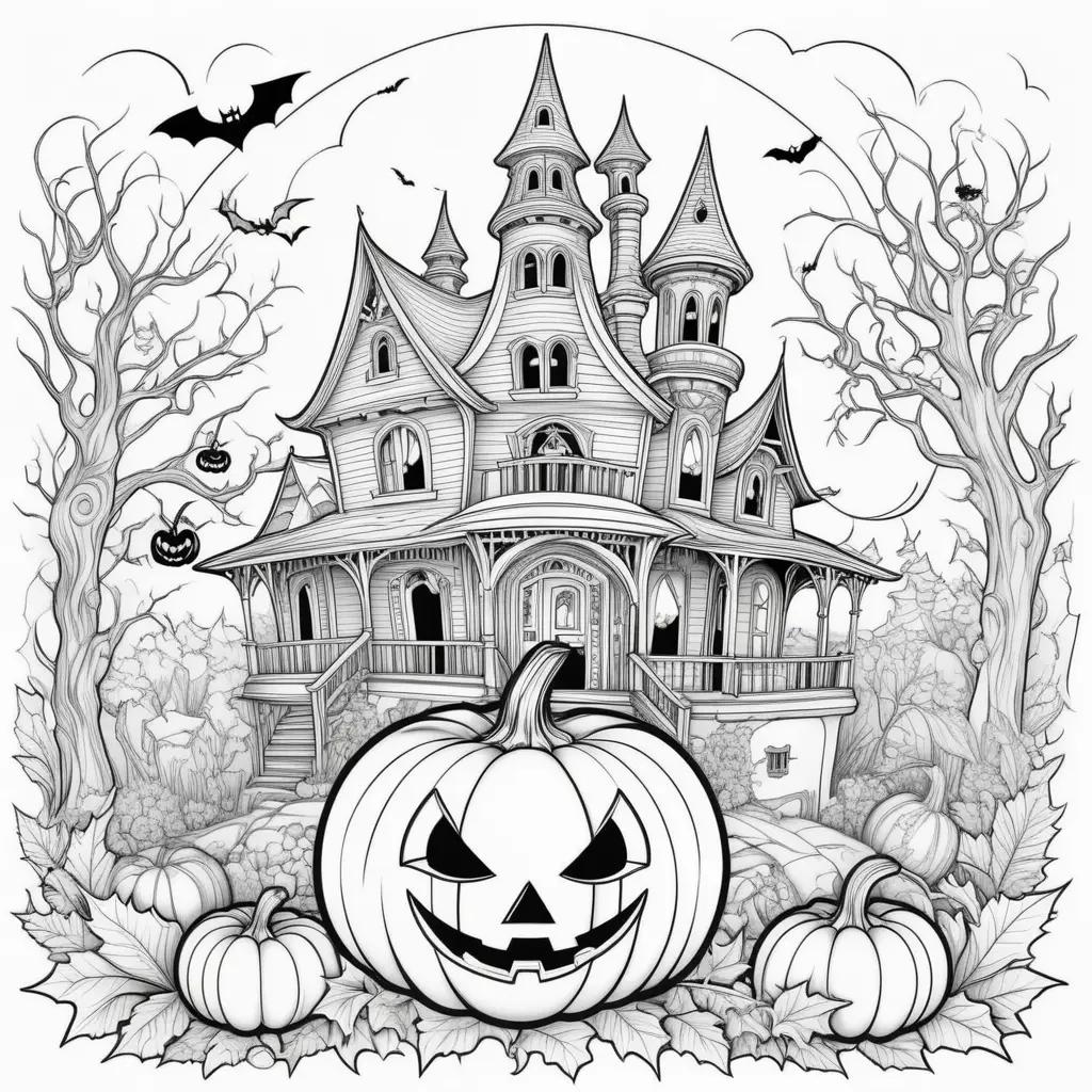 Halloween coloring pages with a pumpkin and castle