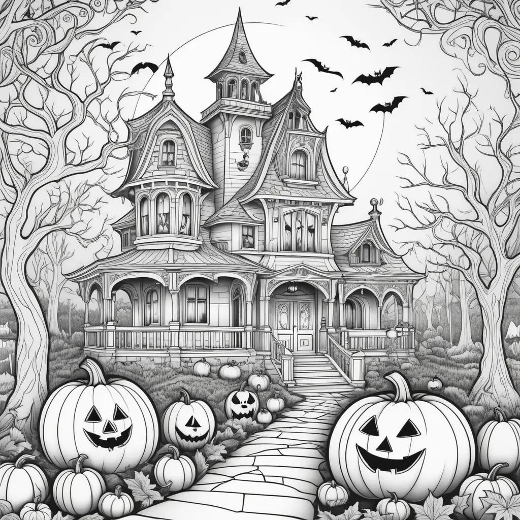 Halloween coloring pages with a scary house and pumpkins