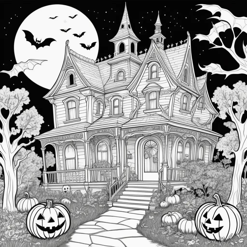 Halloween coloring pages with free print feature a spooky house and pumpkins