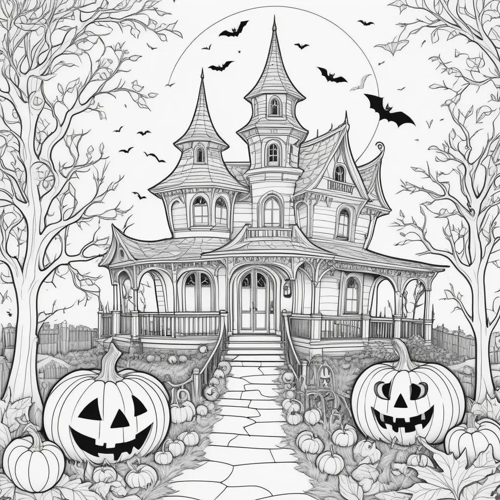 Halloween coloring pages with pumpkins and a haunted house