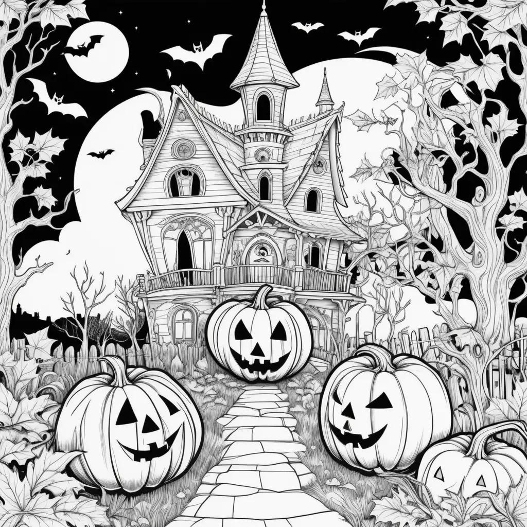 Halloween coloring pages with pumpkins and bats