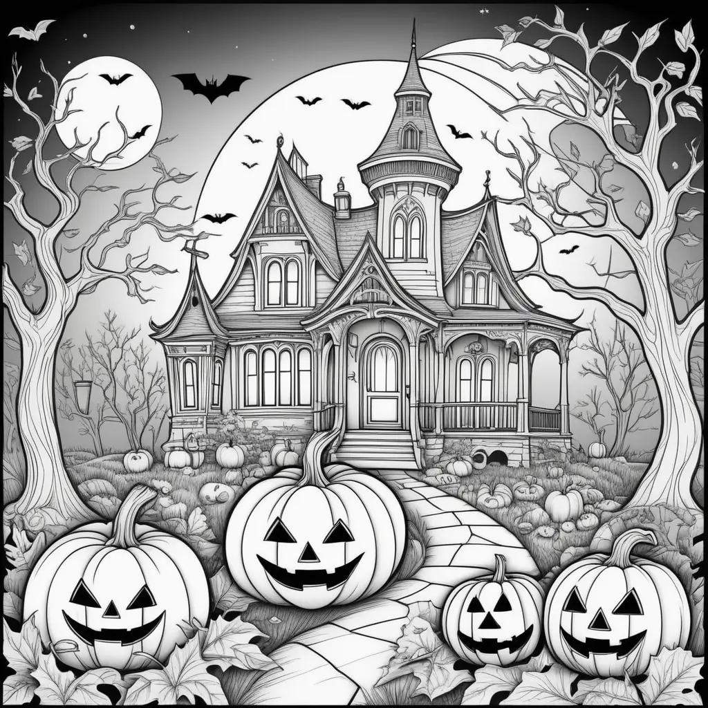 Halloween coloring pages with pumpkins and bats