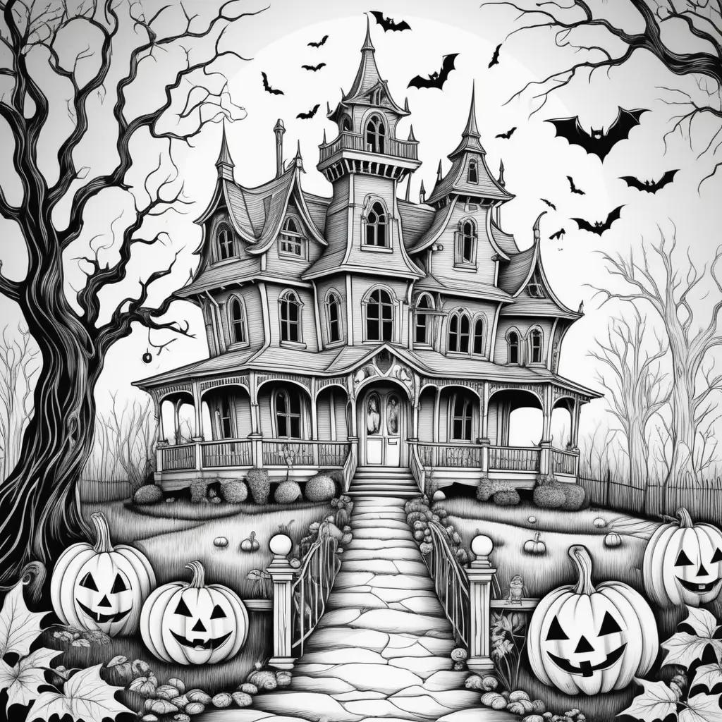 Halloween coloring pages with scary house and pumpkins