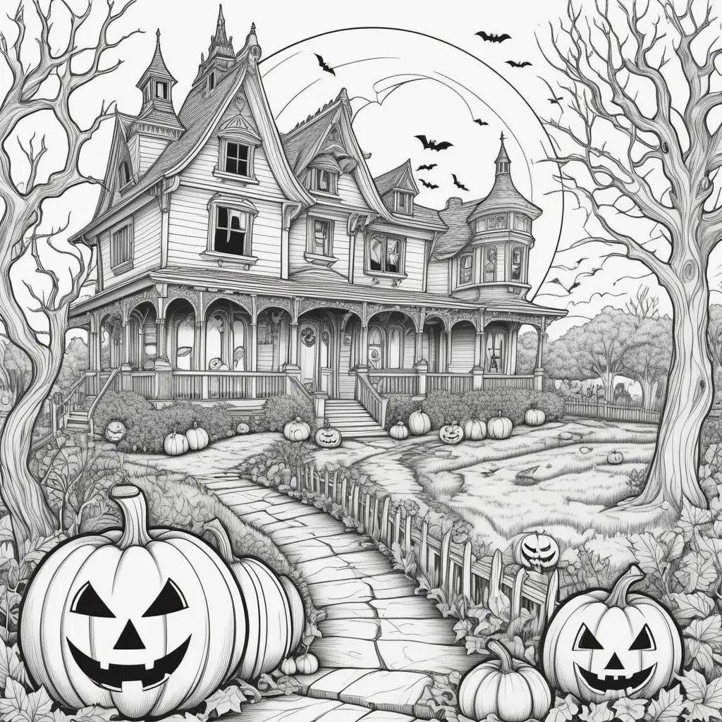 Halloween coloring pages with spooky house and pumpkins