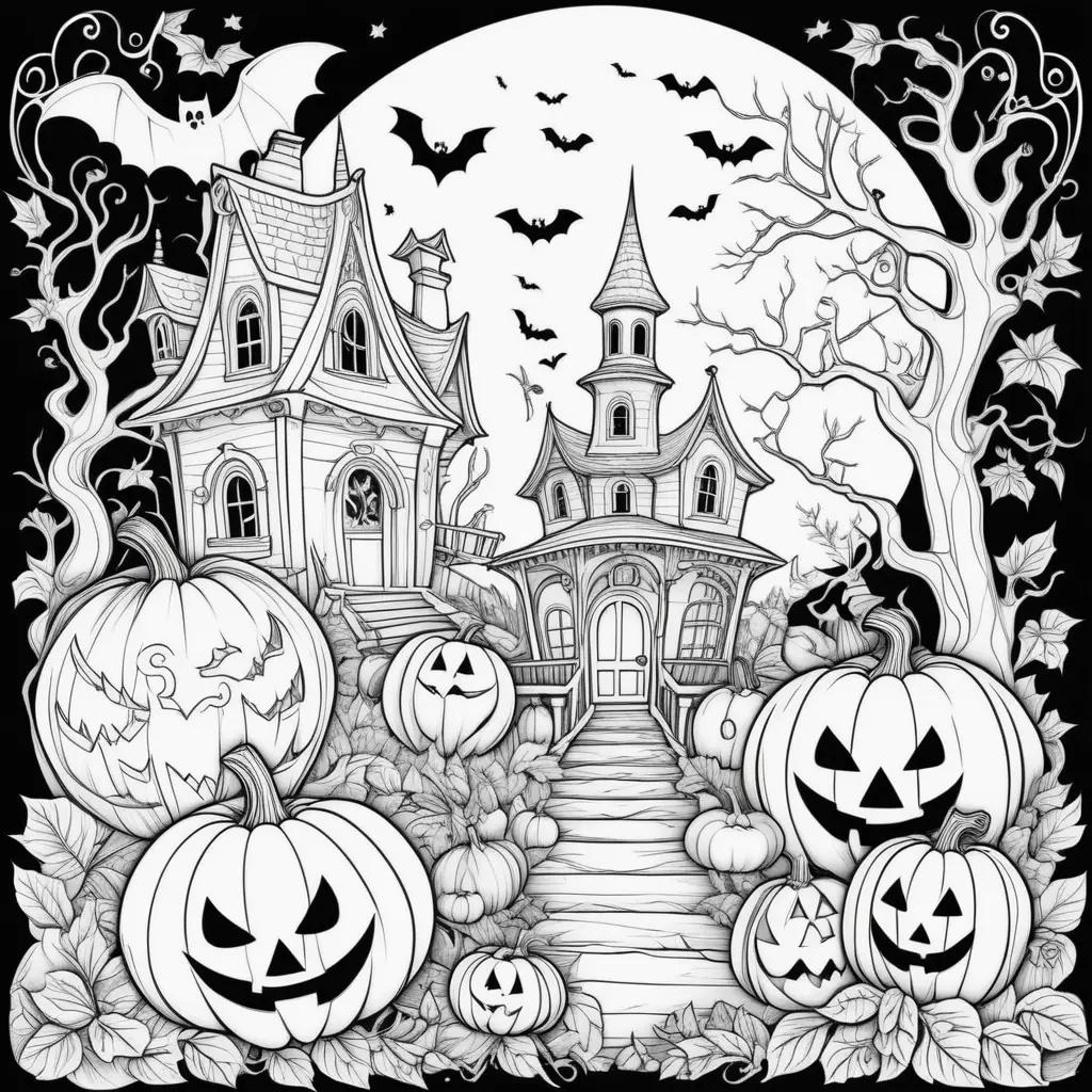 Halloween coloring pages with spooky pumpkins and a scary house