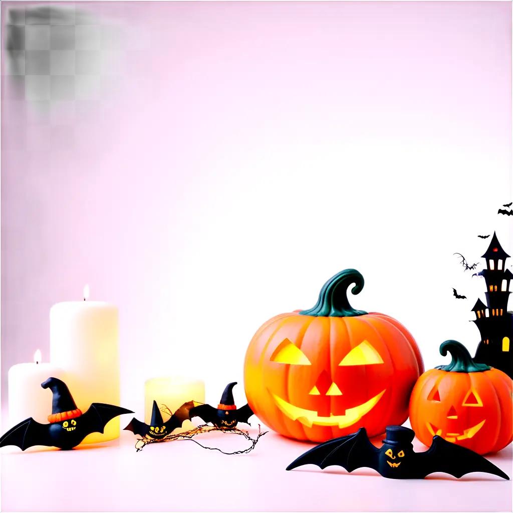 Halloween decor includes pumpkins, bats, and candles