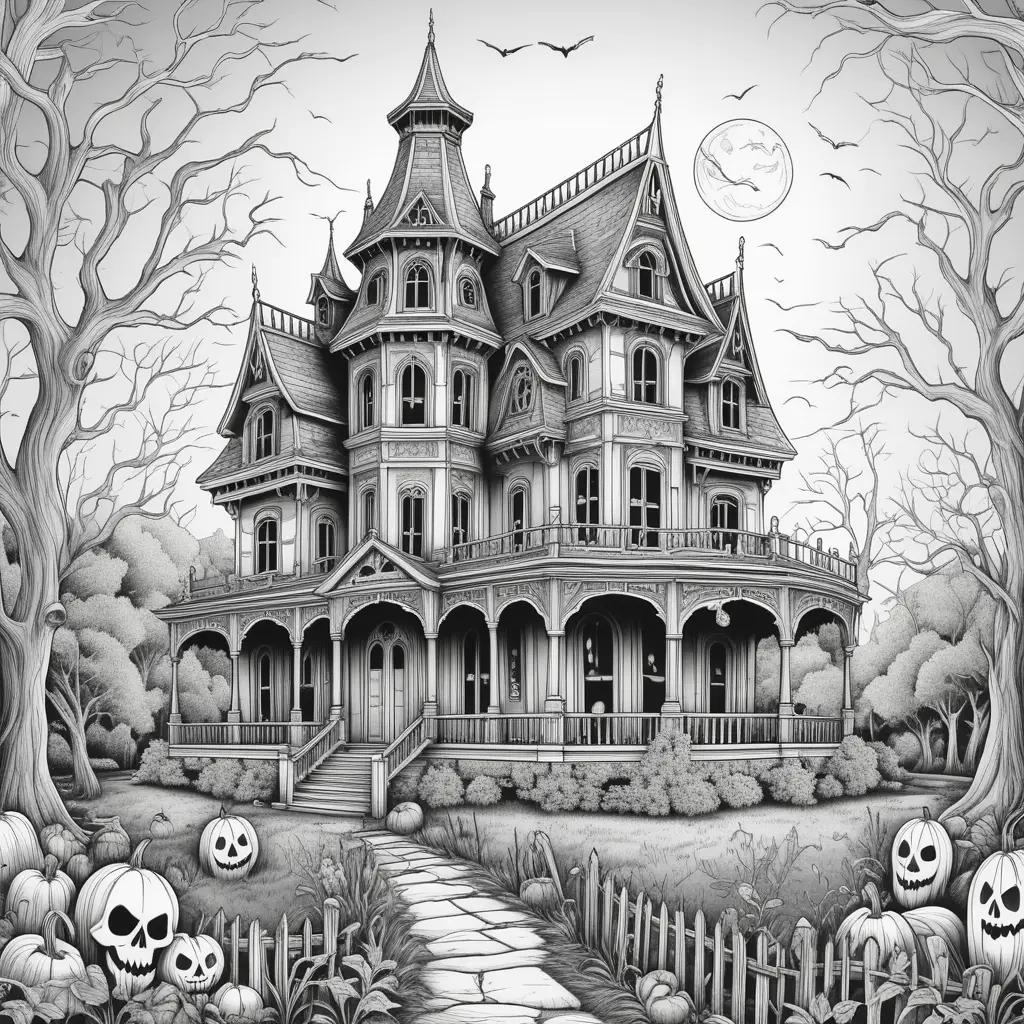 Halloween haunted house coloring page with bats and pumpkins