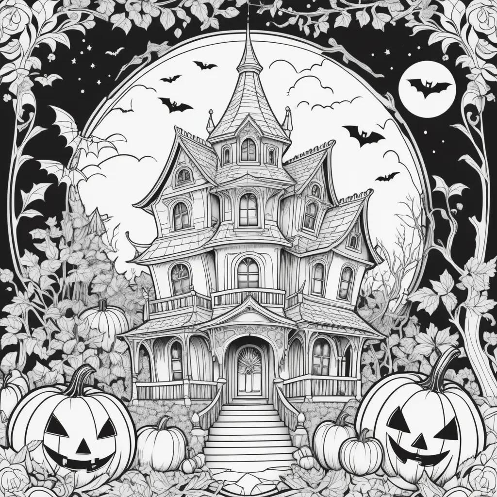 Halloween house and pumpkins in free printable coloring pages