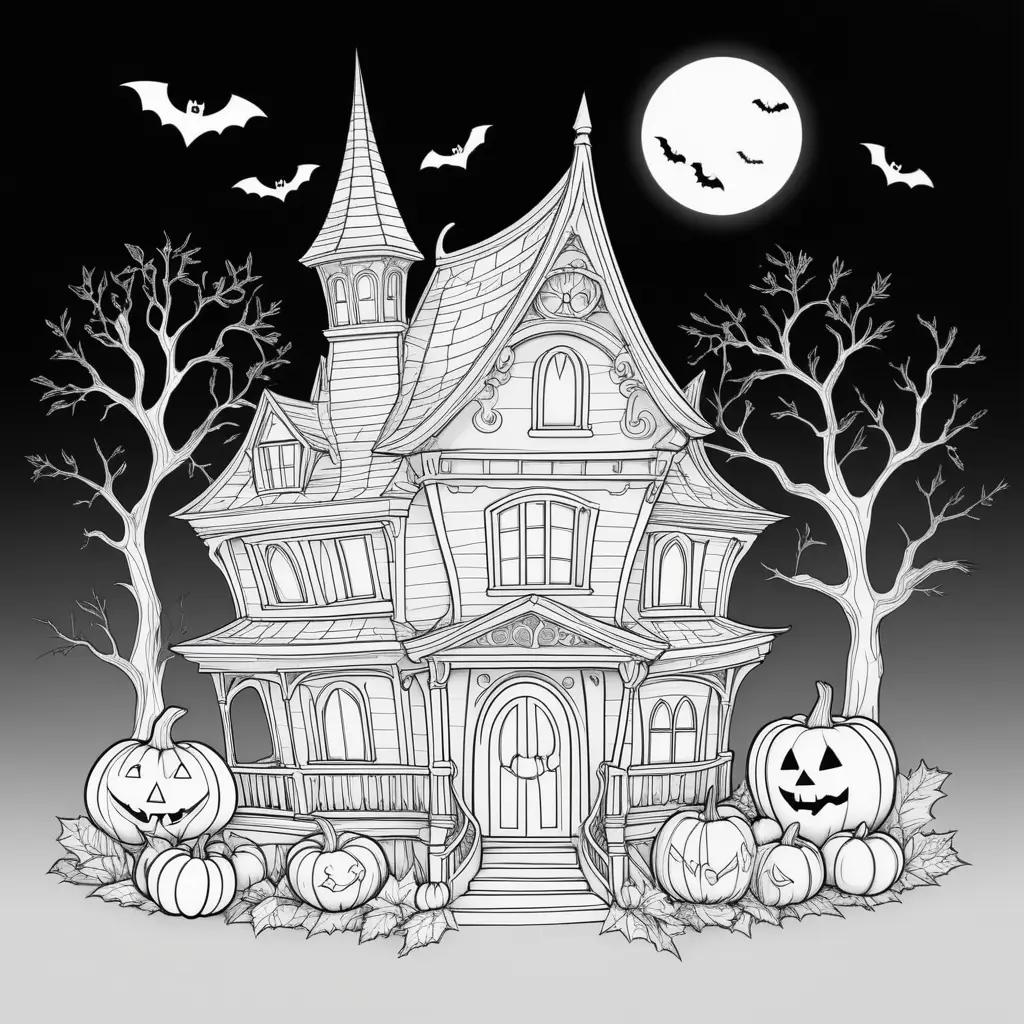 Halloween house and pumpkins on black and white free coloring pages