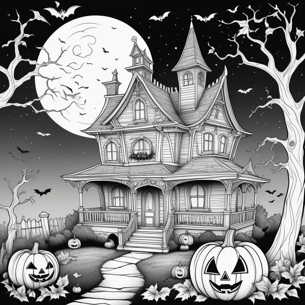 Halloween house coloring page with bats and pumpkins