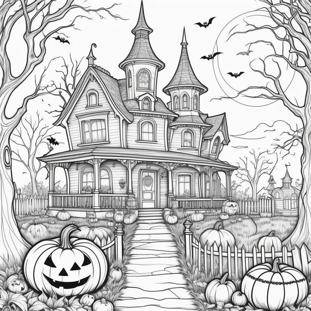 Halloween printables coloring pages feature a spooky house and pumpkins