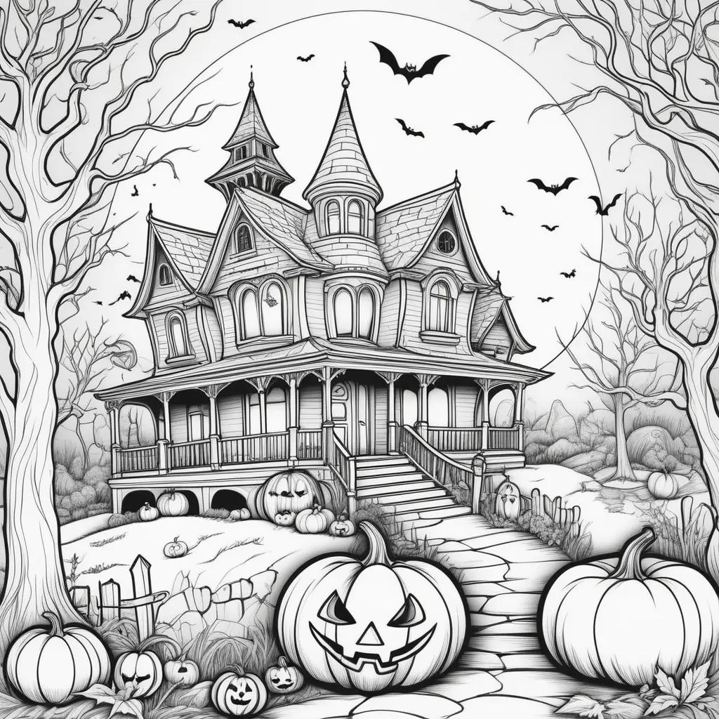 Halloween printables coloring pages feature a spooky house and pumpkins