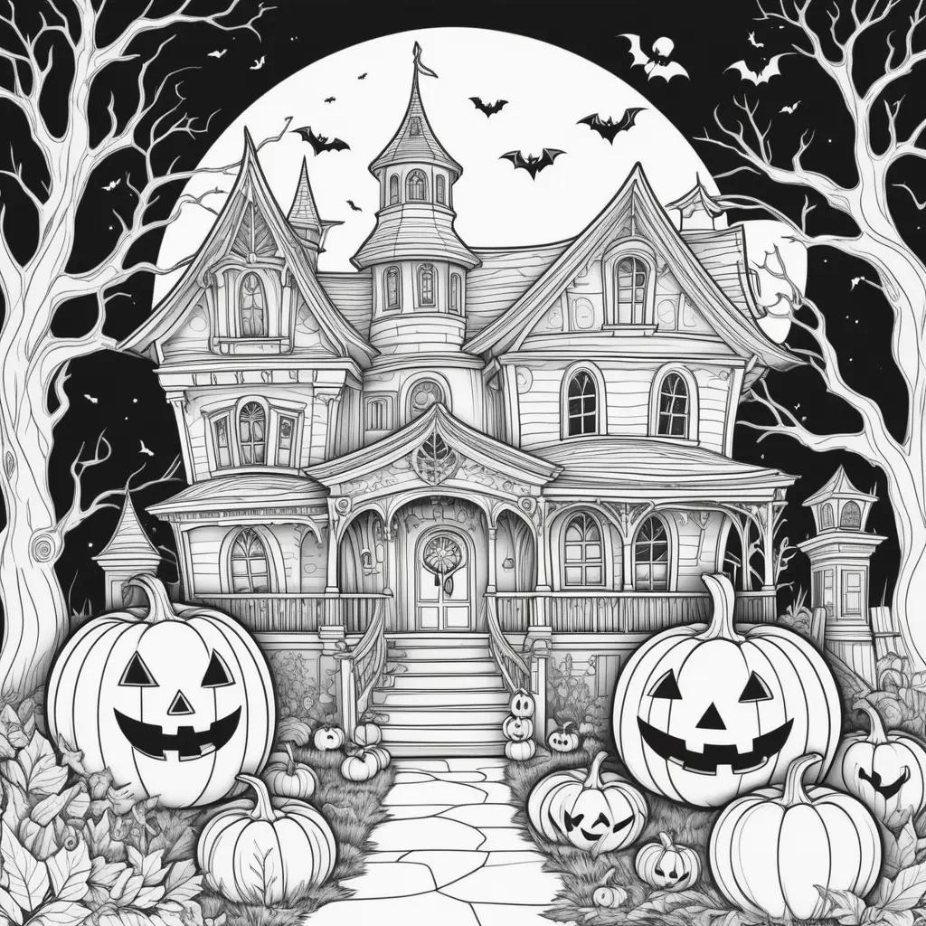 Halloween printables coloring pages featuring a scary house and pumpkins