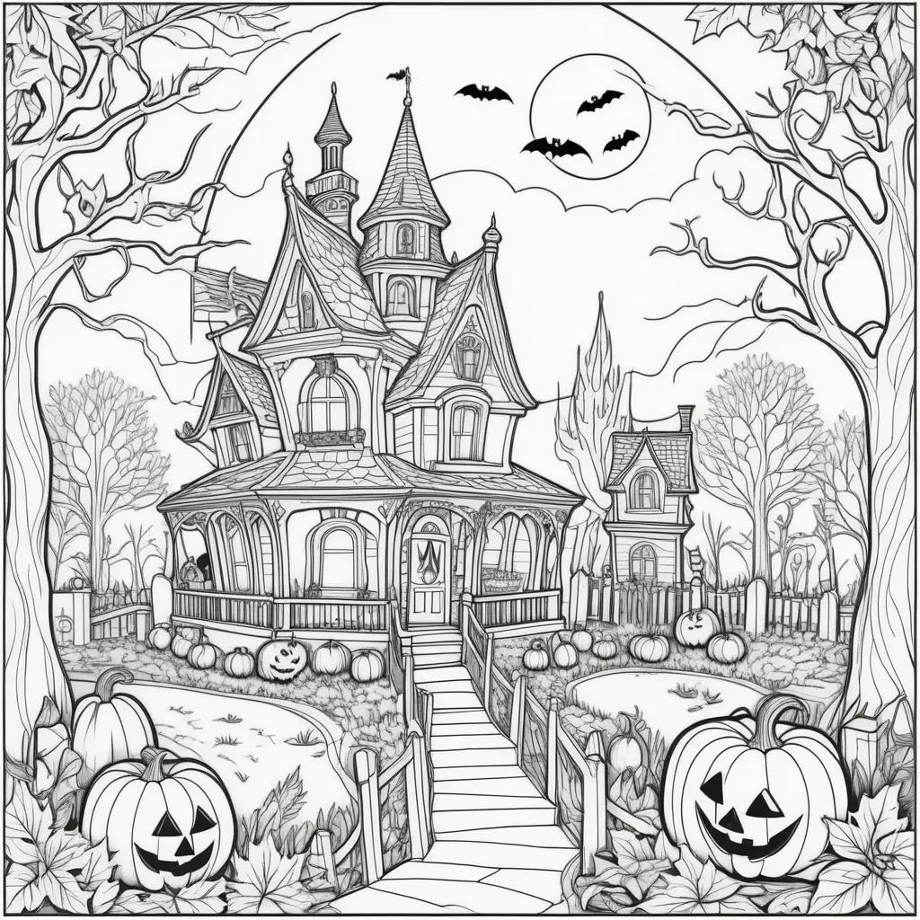 Halloween printables coloring pages of a spooky house and pumpkins