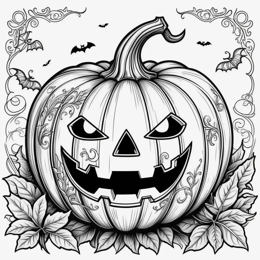 Halloween pumpkin coloring pages featuring bats and leaves