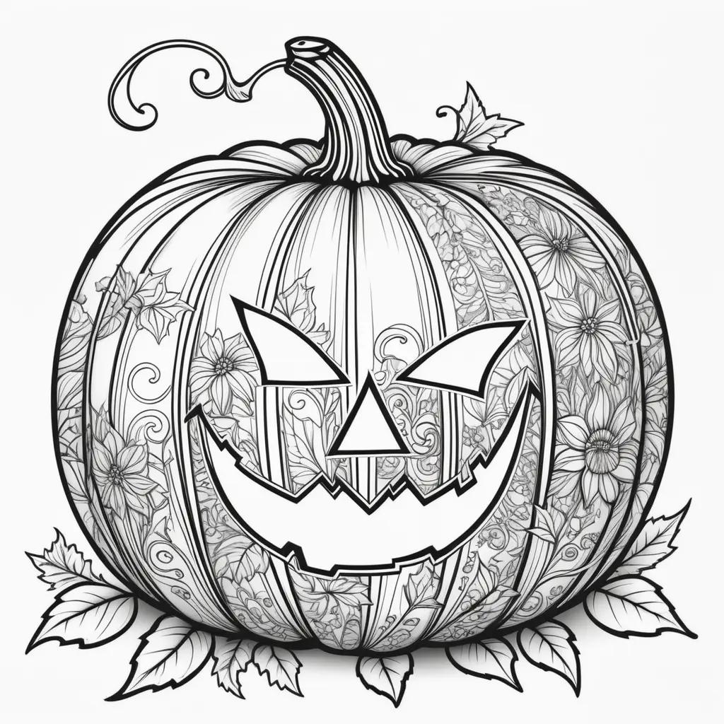 Halloween pumpkin coloring pages with flowers and leaves