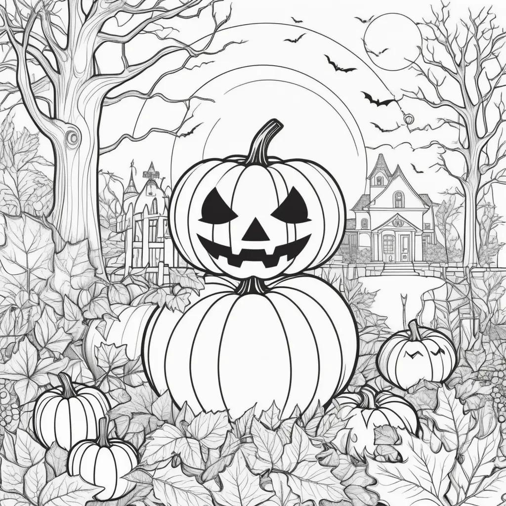 Halloween pumpkins and bats in a forest on free coloring pages