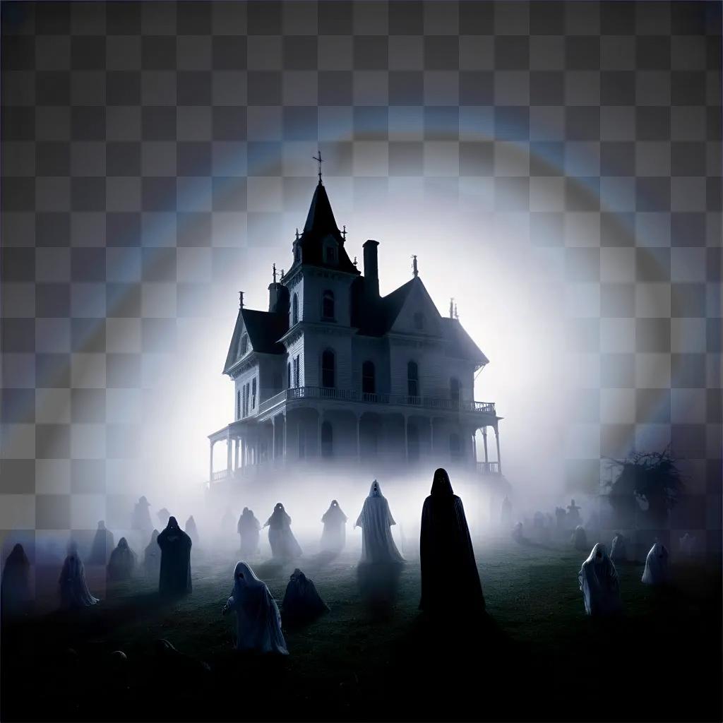 幽霊の家と霧の墓地があるハロウィーンのシーン