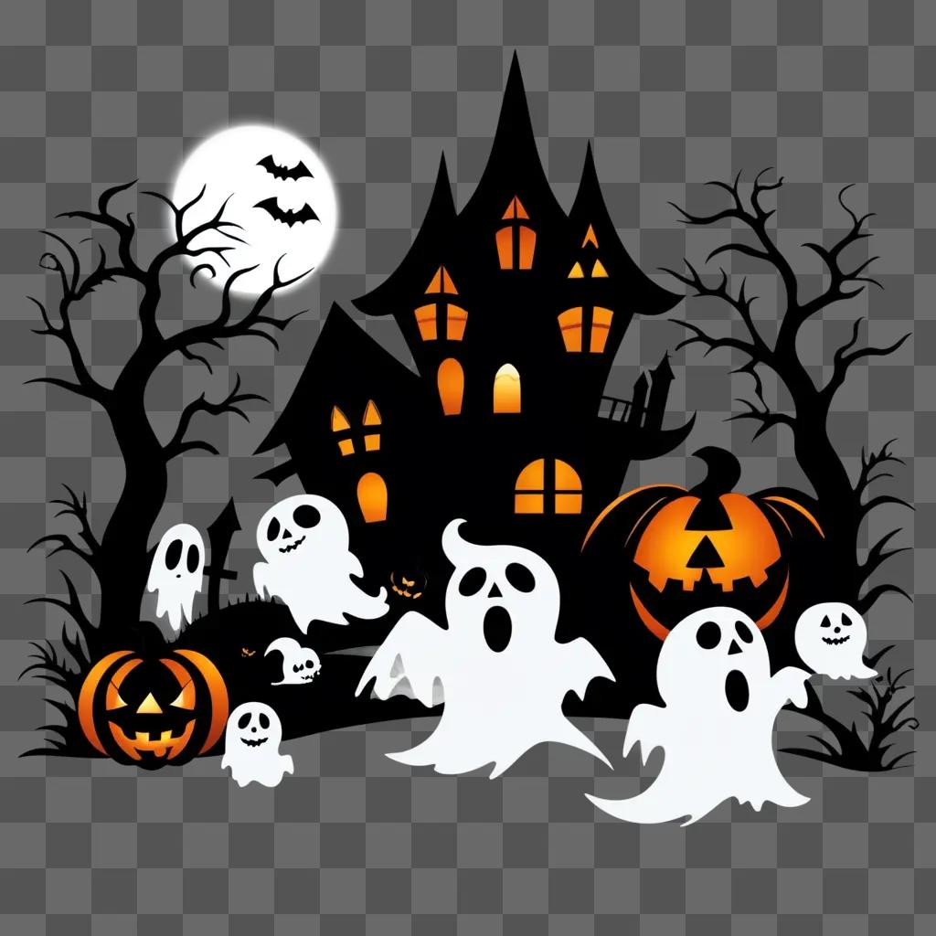 Halloween scene with ghosts and pumpkins