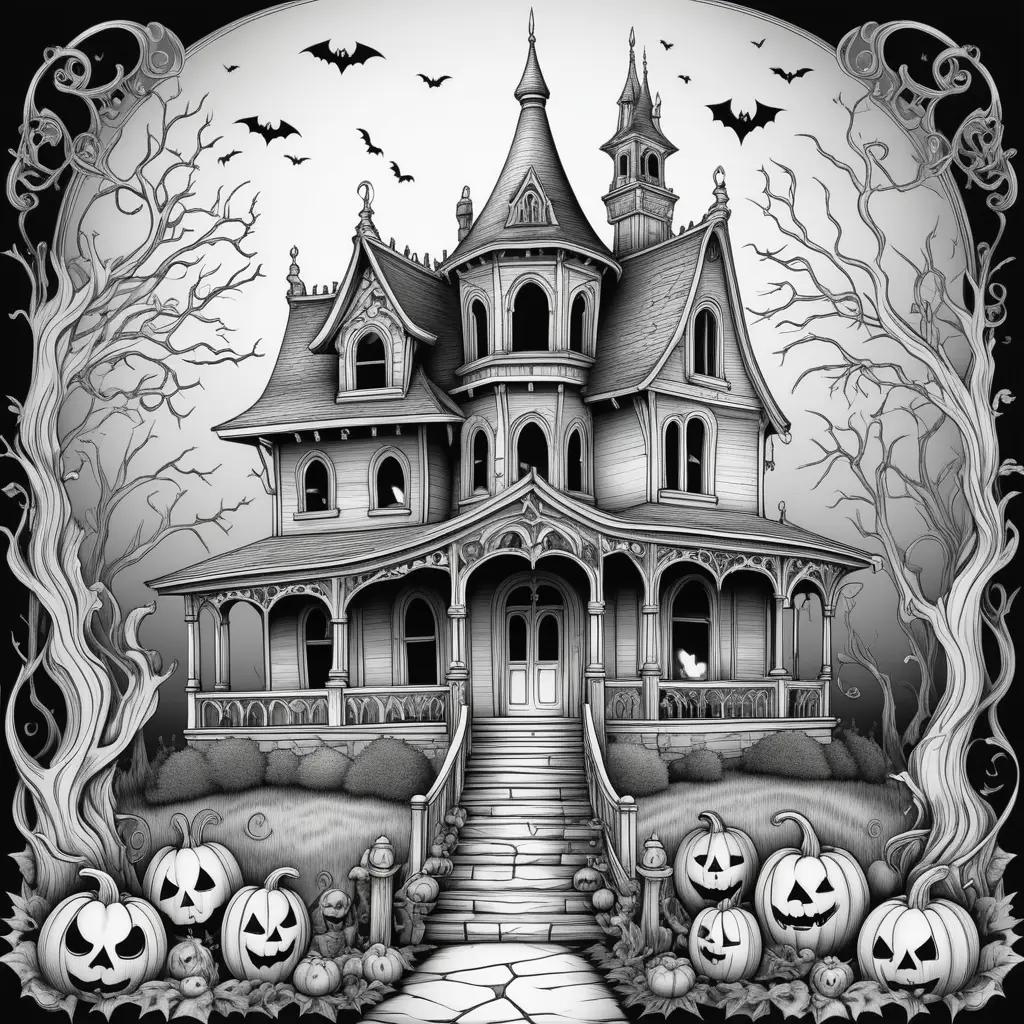 Halloween spooky coloring pages featuring a spooky house and pumpkins