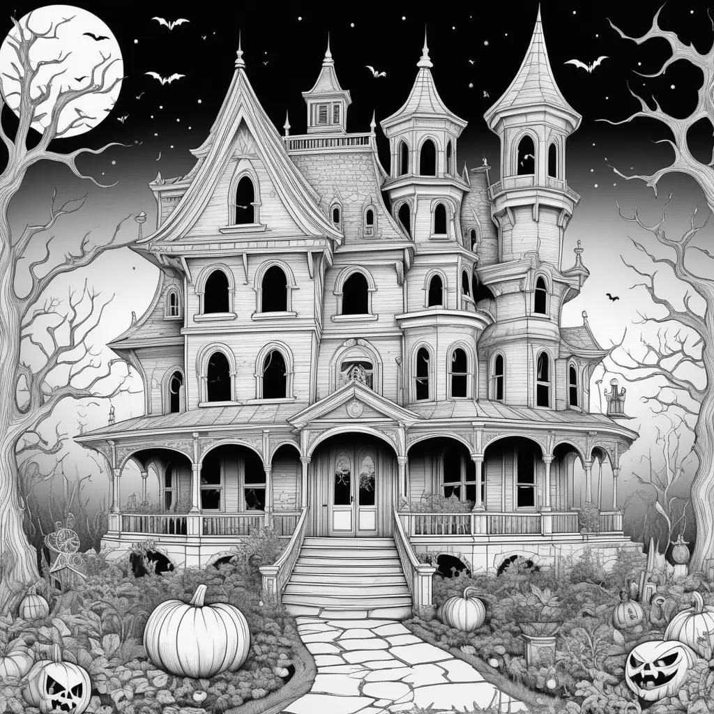 Halloween spooky coloring pages of a castle with bats